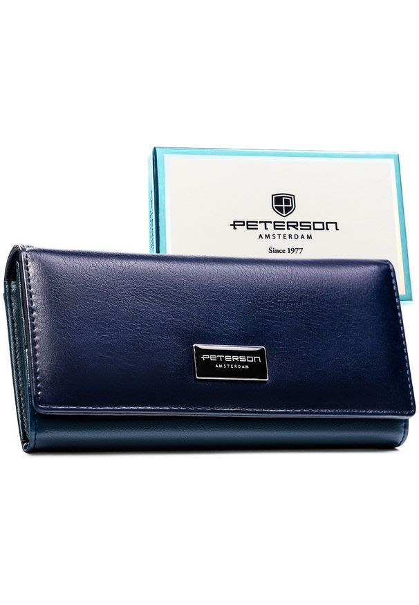 Granatowy portfel damski ze skóry naturalnej i ekologicznej - Peterson. Kolor: niebieski. Materiał: skóra ekologiczna