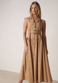 Born2be - Beżowa Koszulowa Sukienka Bez Rękawów z Wiskozy i Bawełny z Paskiem Suranon. Okazja: na co dzień. Kolor: beżowy. Materiał: wiskoza, bawełna. Długość rękawa: bez rękawów. Sezon: wiosna, lato. Typ sukienki: koszulowe. Styl: casual, elegancki, klasyczny #6