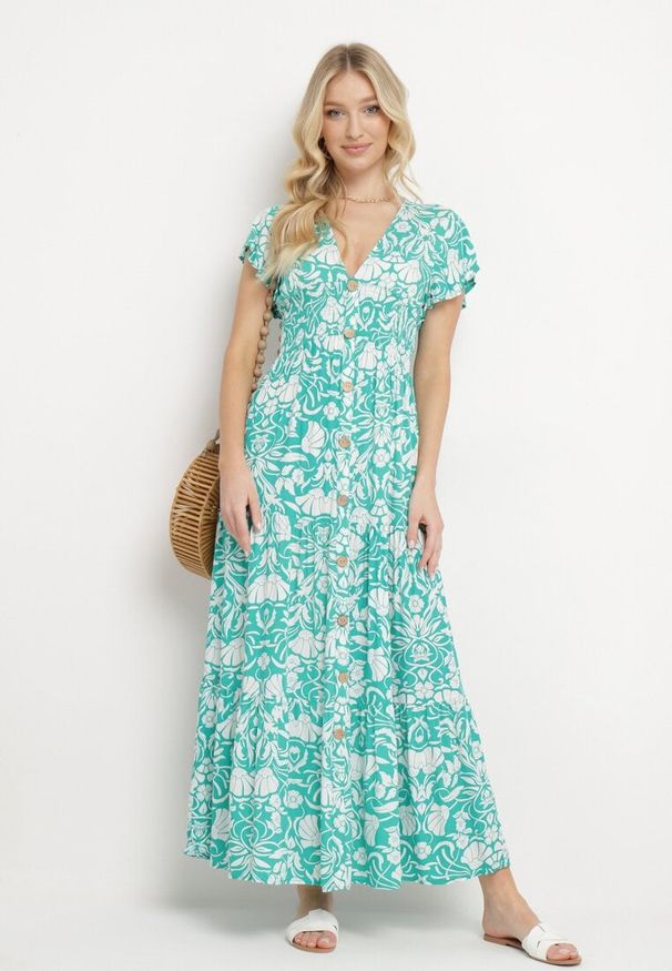 Born2be - Miętowa Rozkloszowana Sukienka Maxi z Luźnym Rękawem w Kwiatowy Print Oxeria. Kolor: miętowy. Wzór: kwiaty, nadruk. Sezon: lato. Typ sukienki: rozkloszowane. Długość: maxi