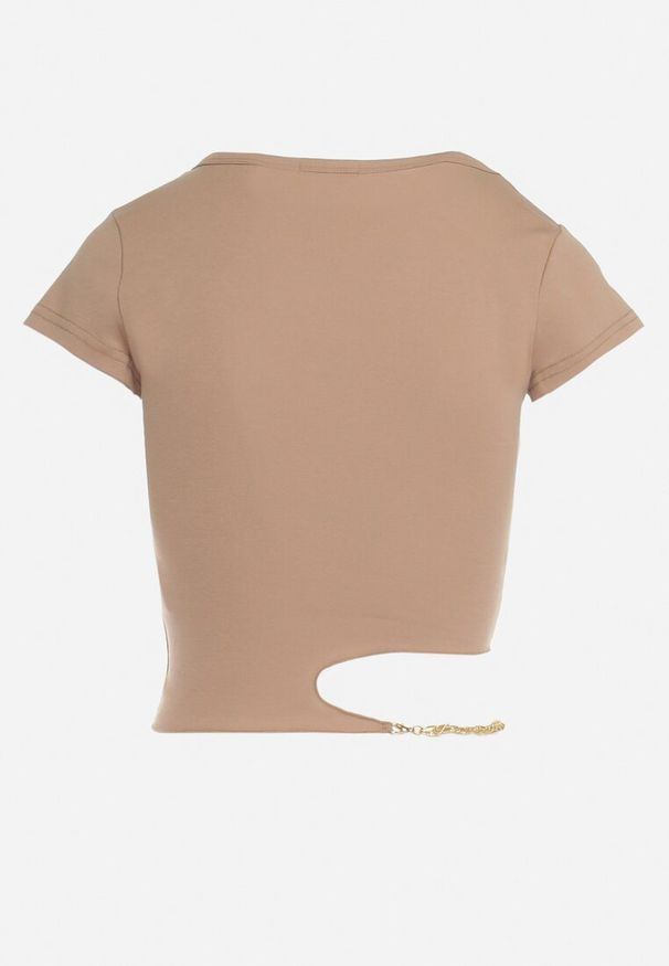 Born2be - Ciemnobeżowy Bawełniany T-shirt z Asymetrycznym Wycięciem i Ozdobnym Łańcuszkiem Glitia. Okazja: na co dzień. Kolor: beżowy. Materiał: bawełna. Styl: casual