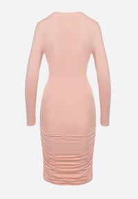 Born2be - Różowa Dopasowana Sukienka Ozdobiona Marszczeniami z Głębokim Dekoltem Daphen. Kolor: różowy. Wzór: aplikacja