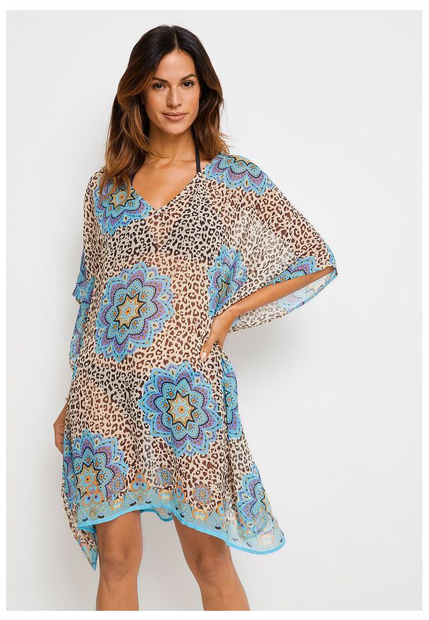 bonprix - Tunika plażowa z szyfonu. Okazja: na plażę. Typ kołnierza: dekolt w serek. Kolor: niebieski. Materiał: szyfon. Styl: elegancki