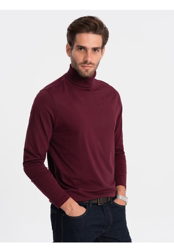 Ombre Clothing - Longsleeve męski z golfem - bordowy V6 - Rozmiar: XL. Typ kołnierza: golf. Kolor: czerwony. Materiał: bawełna, elastan. Długość rękawa: długi rękaw