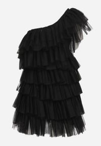 Born2be - Czarna Sukienka Mini na Jedno Ramię Asymetryczna z Falbankami Nomenta. Typ kołnierza: kołnierz z falbankami. Kolor: czarny. Typ sukienki: asymetryczne. Długość: mini #5