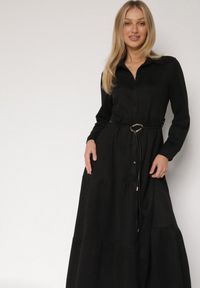 Born2be - Czarna Wiskozowa Koszulowa Sukienka o Rozkloszowanym Kroju z Paskiem Retirna. Okazja: na co dzień. Kolor: czarny. Materiał: wiskoza. Typ sukienki: koszulowe. Styl: casual, klasyczny #6