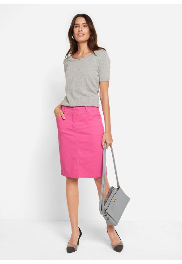 bonprix - Spódnica dżinsowa ze stretchem. Okazja: na spotkanie biznesowe, do pracy. Kolor: różowy. Materiał: materiał. Wzór: nadruk. Styl: biznesowy, elegancki, sportowy, klasyczny