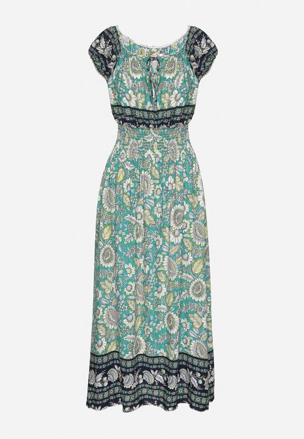 Born2be - Zielona Wzorzysta Sukienka Bawełniana o Rozkloszowanym Kroju z Marszczeniem w Talii Vialor. Okazja: na co dzień. Kolor: zielony. Materiał: bawełna. Długość rękawa: krótki rękaw. Wzór: kwiaty, aplikacja. Styl: casual, elegancki