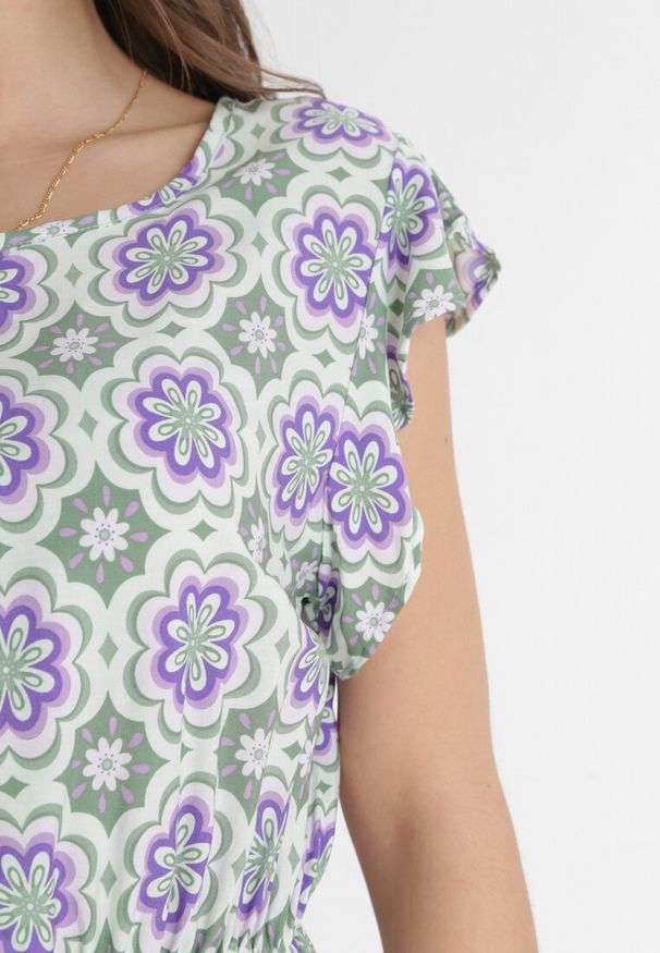 Born2be - Zielono-Fioletowa Bawełniana Sukienka Mini z Gumką w Talii Caara. Kolor: zielony. Materiał: bawełna. Długość: mini