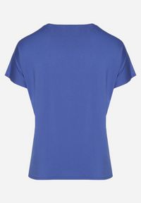 Born2be - Granatowy T-shirt z Bawełny Wykończony Cyrkoniami Krissianne. Okazja: do pracy, na co dzień. Kolor: niebieski. Materiał: bawełna. Wzór: aplikacja, geometria. Styl: casual, elegancki