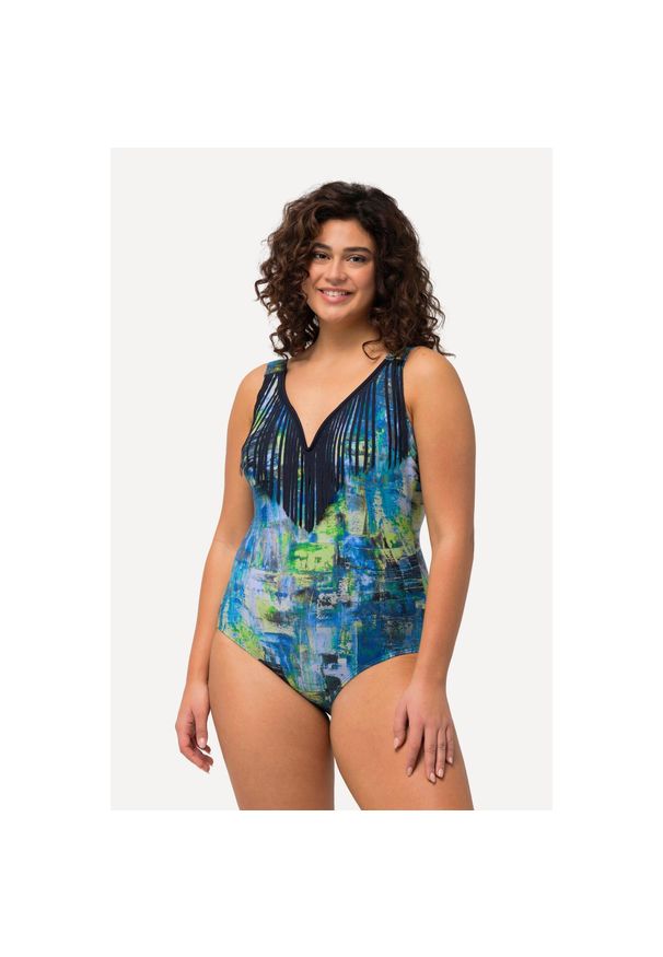 ULLA POPKEN - Damski Kostium kąpielowy frędzle dekolt w serce miękkie miseczki. Kolekcja: plus size. Kolor: niebieski. Materiał: poliamid, materiał, elastan