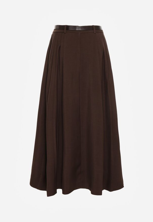 Born2be - Brązowa Wiskozowa Spódnica o Rozkloszowanym Kroju z Paskiem z Klamrą Lawedisa. Okazja: na co dzień, do pracy, na spotkanie biznesowe. Kolor: brązowy. Materiał: wiskoza. Styl: klasyczny, casual, biznesowy, elegancki