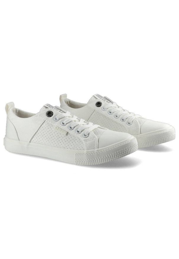 Big-Star - Trampki damskie Big Star, z materiałową cholewką perforowanym panelem bocznym wiązaniem na oczka i gumowanym noskiem, białe, HH274017. Okazja: na spacer. Kolor: biały. Materiał: materiał. Szerokość cholewki: normalna. Sezon: lato. Styl: elegancki