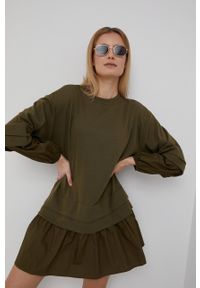 Vero Moda sukienka kolor zielony mini rozkloszowana. Kolor: zielony. Materiał: tkanina, włókno, dzianina, materiał. Długość rękawa: długi rękaw. Typ sukienki: rozkloszowane. Długość: mini #5