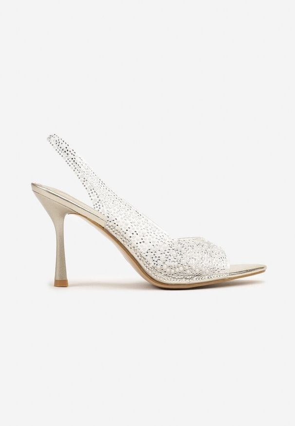 Renee - Złote Przezroczyste Sandały na Szpilce Slingback Ozdobione Cyrkoniami Fodaria. Kolor: złoty. Wzór: aplikacja. Sezon: lato. Obcas: na szpilce. Styl: klasyczny. Wysokość obcasa: średni
