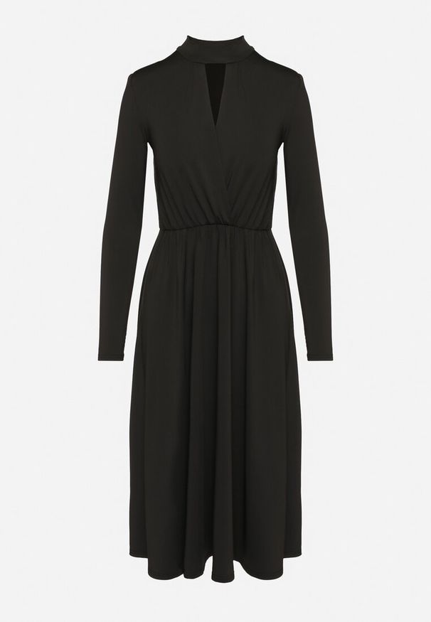 Born2be - Czarna Rozkloszowana Sukienka z Ozdobnym Wycięciem i Usztywnioną Linią Ramion Rivfedi. Okazja: na co dzień, na imprezę. Kolor: czarny. Długość rękawa: długi rękaw. Typ sukienki: proste. Styl: casual, elegancki