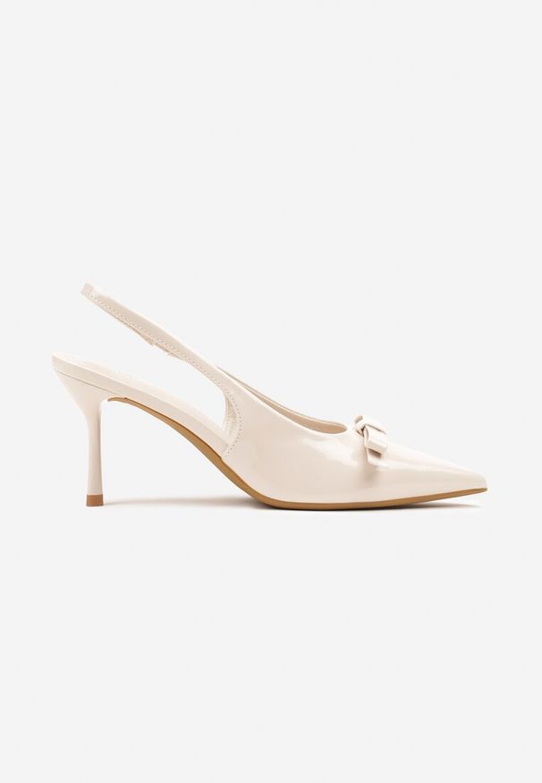 Renee - Beżowe Lakierowane Sandały Szpilki Vices Typu Slingback z Kokardą Dorozia. Okazja: na co dzień, na spotkanie biznesowe. Kolor: beżowy. Materiał: lakier. Obcas: na szpilce. Styl: klasyczny, elegancki, biznesowy, casual. Wysokość obcasa: średni