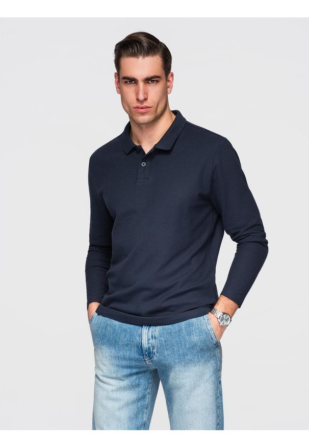 Ombre Clothing - Męski longsleeve BASIC z kołnierzykiem polo – granatowy V3 - Rozmiar: XL. Okazja: do pracy, na co dzień, na spotkanie biznesowe. Typ kołnierza: polo. Kolor: niebieski. Materiał: materiał, bawełna, jeans, dzianina. Długość rękawa: długi rękaw. Długość: długie. Styl: biznesowy, casual, wizytowy