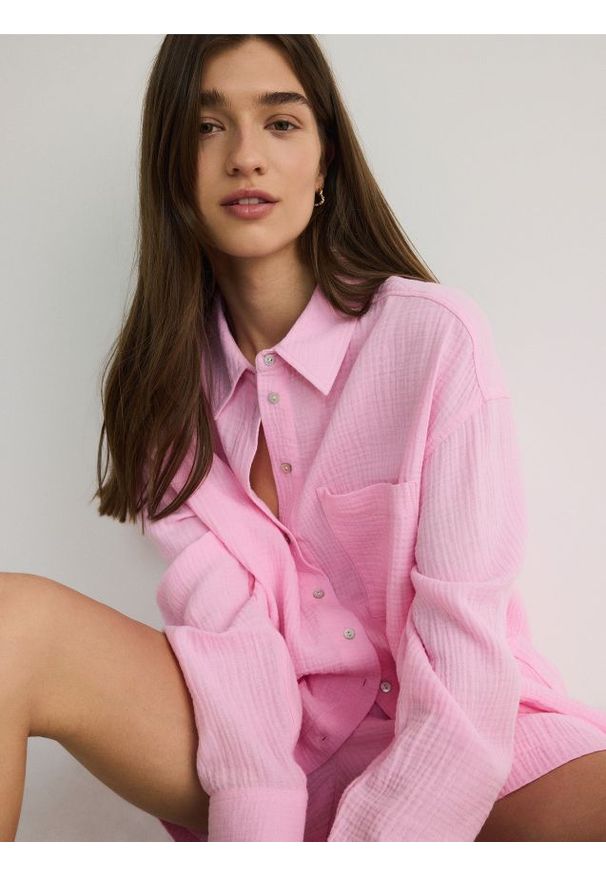Reserved - Koszula z bawełnianego muślinu - różowy. Kolor: różowy. Materiał: bawełna