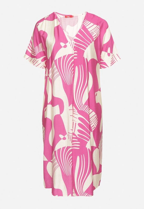 Born2be - Fuksjowa Sukienka o Pudełkowym Kroju z Dekoltem w Serek w Abstrakcyjny Print Salliven. Okazja: na co dzień. Typ kołnierza: dekolt w serek. Kolekcja: plus size. Kolor: różowy. Długość rękawa: krótki rękaw. Wzór: nadruk. Typ sukienki: dla puszystych. Styl: elegancki, casual