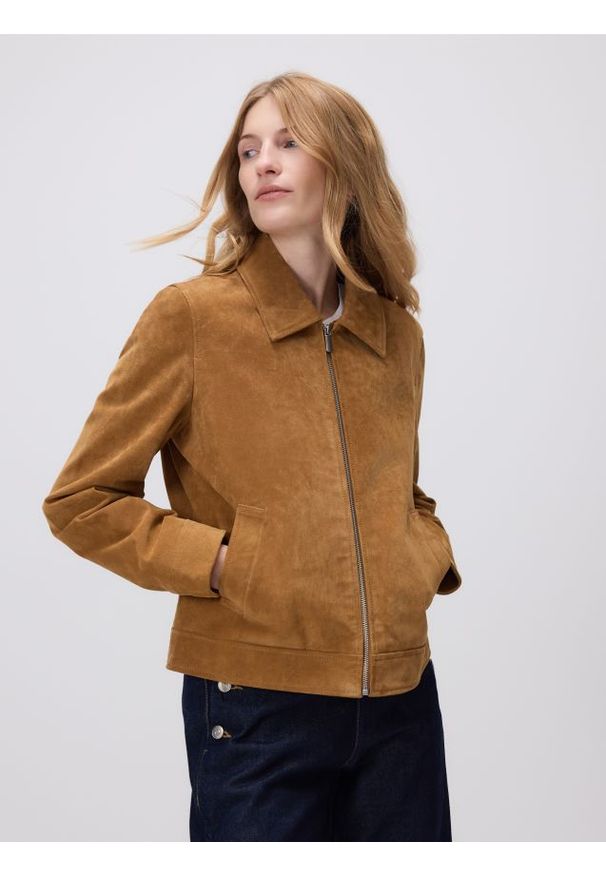 Reserved - Skórzana kurtka - bursztynowy. Kolor: pomarańczowy. Materiał: skóra