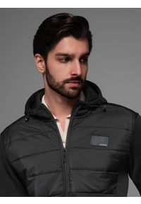 Ombre Clothing - Kurtka lekka męska z łączonych materiałów z kapturem i ozdobnym pikowaniem – czarna V5. Okazja: na co dzień. Typ kołnierza: kaptur. Kolor: czarny. Materiał: materiał. Wzór: aplikacja. Styl: casual #6