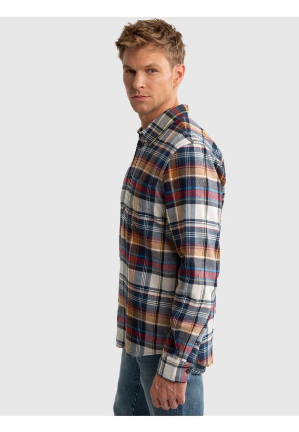 Big-Star - Koszula męska flanelowa w kratę beżowa Fileso 801. Okazja: na co dzień. Kolor: beżowy. Materiał: jeans, bawełna. Sezon: jesień. Styl: elegancki, klasyczny, casual