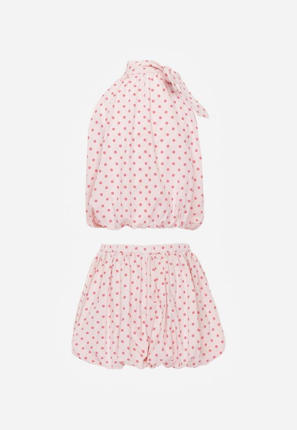 Renee - Różowy Bawełniano-Wiskozowy Komplet Balloon w Groszki Wiązany Top i Szorty Luxina. Kolor: różowy. Materiał: wiskoza, bawełna. Wzór: grochy