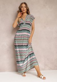 Renee - Zielona Wzorzysta Sukienka Maxi z Gumką w Talii i Rozkloszowanym Dołem Noareya. Okazja: na co dzień. Kolor: zielony. Typ sukienki: kopertowe, proste. Styl: casual. Długość: maxi #3