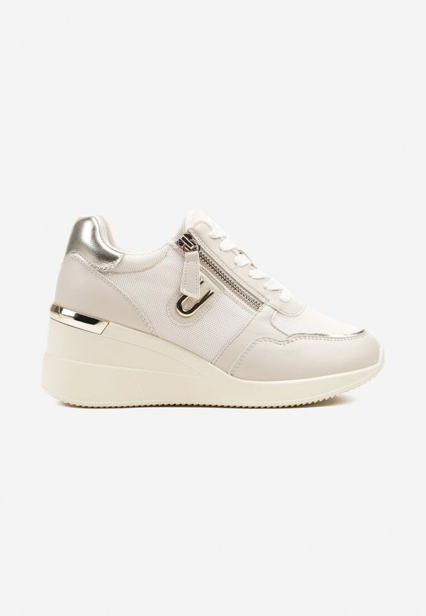 Renee - Beżowe Sneakersy na Koturnie z Ozdobnym Zamkiem Błyskawicznym Hanarael. Okazja: na co dzień. Zapięcie: zamek. Kolor: beżowy. Materiał: jeans. Obcas: na koturnie