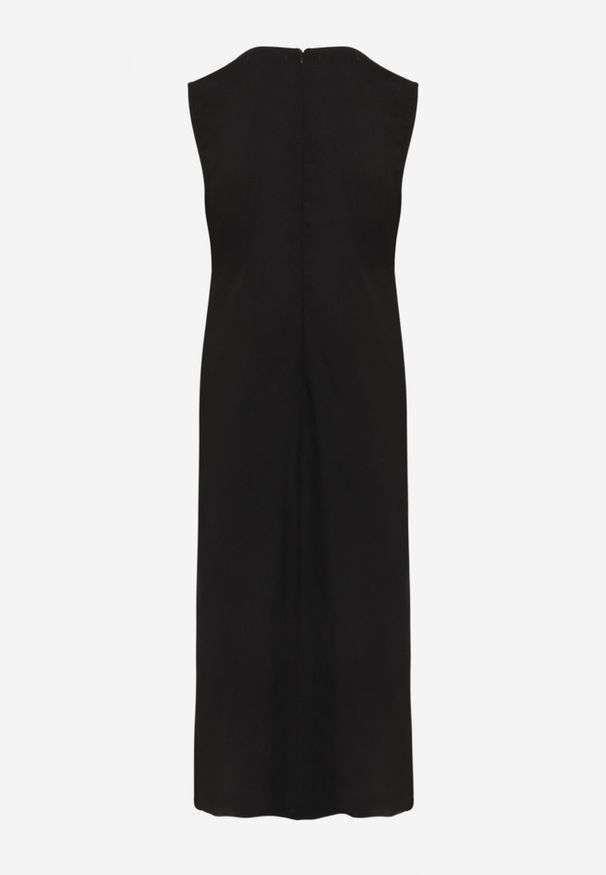 Born2be - Czarna Elegancka Sukienka z Wiskozą i Lnem Zdobiona Paskiem z Aplikacją Pimeine. Okazja: na co dzień, do pracy. Kolor: czarny. Materiał: len, wiskoza. Wzór: aplikacja. Sezon: lato. Typ sukienki: proste. Styl: elegancki