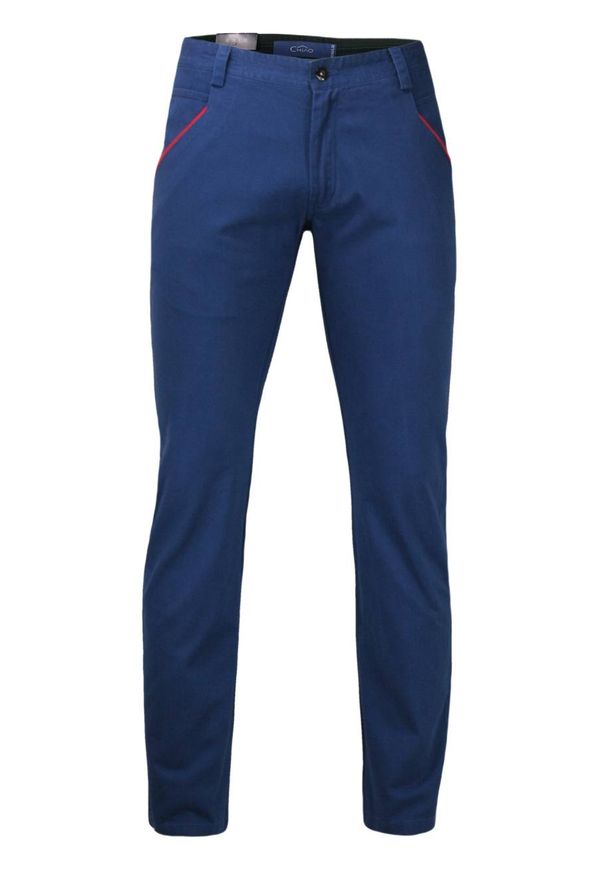 Chiao - Bawełniane Spodnie Męskie, CHINOSY, Kolorowe Wykończenia, Chabrowe. Kolor: niebieski. Materiał: bawełna. Wzór: kolorowy