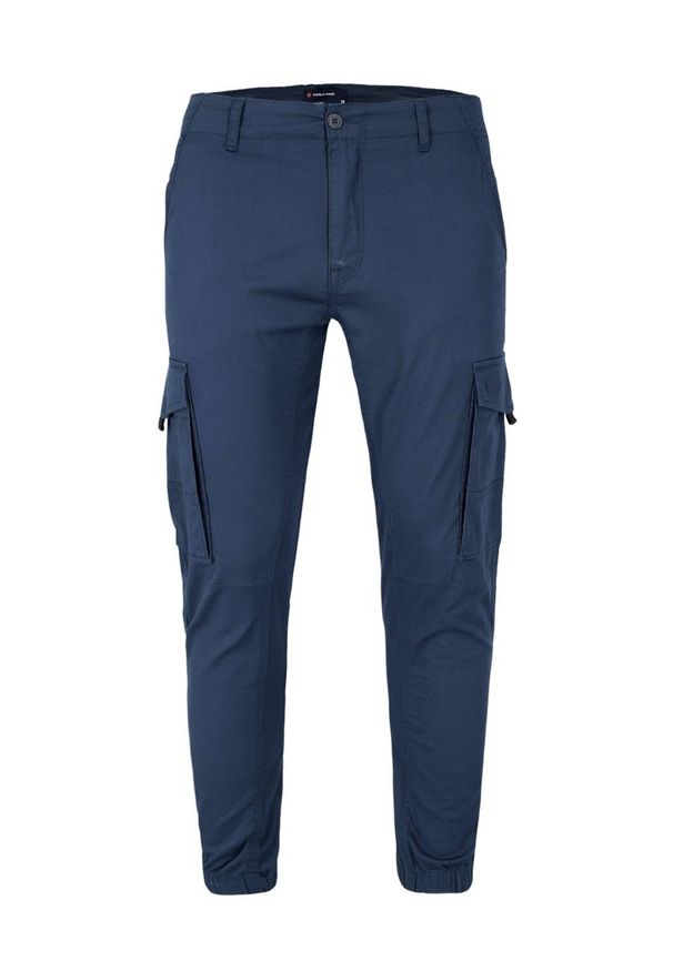 Volcano - Granatowe spodnie męskie joggery bojówki R-BEET. Okazja: na co dzień. Kolor: niebieski. Materiał: bawełna, elastan. Wzór: ze splotem. Sezon: jesień, zima. Styl: casual, sportowy
