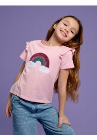 Sinsay - Koszulka - różowy. Typ kołnierza: kołnierz z falbankami. Kolor: różowy. Długość rękawa: krótki rękaw. Długość: krótkie. Wzór: aplikacja #1