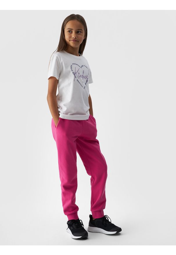 4f - 4F T-shirt z nadrukiem dziewczęcy - biały 146 (10-11 lat). Okazja: na co dzień. Kolor: biały. Materiał: bawełna, jersey, dzianina. Długość rękawa: krótki rękaw. Długość: krótkie. Wzór: nadruk. Sezon: lato. Styl: sportowy, klasyczny, casual