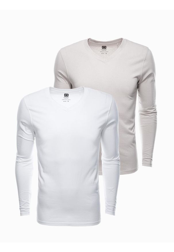 Ombre Clothing - Zestaw longsleeve męski V-NECK - mix 2-pak V8. Okazja: na co dzień. Kolor: biały. Materiał: tkanina, materiał, bawełna, skóra. Długość rękawa: długi rękaw. Długość: długie. Wzór: jednolity, gładki. Styl: casual, klasyczny, wizytowy