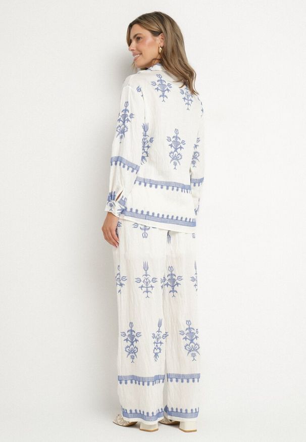 Born2be - Biały Komplet z Wiskozy w Stylu Boho Koszula i Spodnie Zdobione Haftem Sarhiris. Kolor: biały. Materiał: wiskoza. Wzór: aplikacja, haft