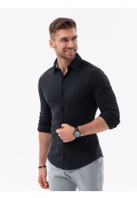 Ombre Clothing - Koszula dzianinowa męska SLIM FIT z długim rękawem – czarna V4 OM-SHCS-0177 - L. Kolor: czarny. Materiał: dzianina. Długość rękawa: długi rękaw. Długość: długie #6