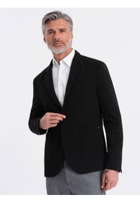 Ombre Clothing - Marynarka męska z naszywanymi kieszeniami - czarna V5 - Rozmiar: L. Kolor: czarny. Materiał: materiał, poliester, wiskoza, elastan. Styl: elegancki