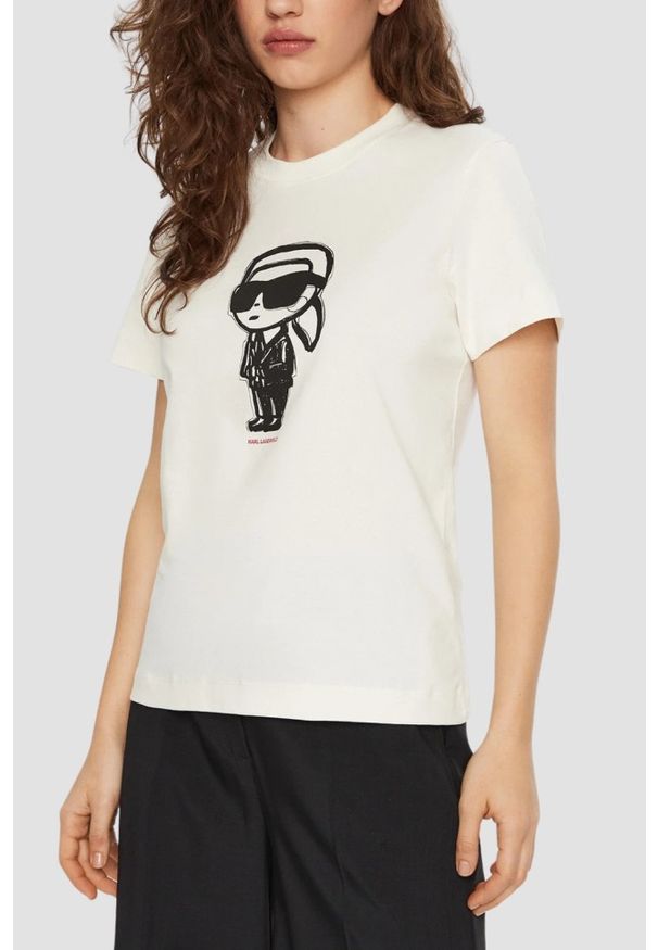 Karl Lagerfeld - KARL LAGERFELD Beżowy damski t-shirt Ikon Sketch Karl, Rozmiar XS. Kolor: beżowy. Materiał: materiał