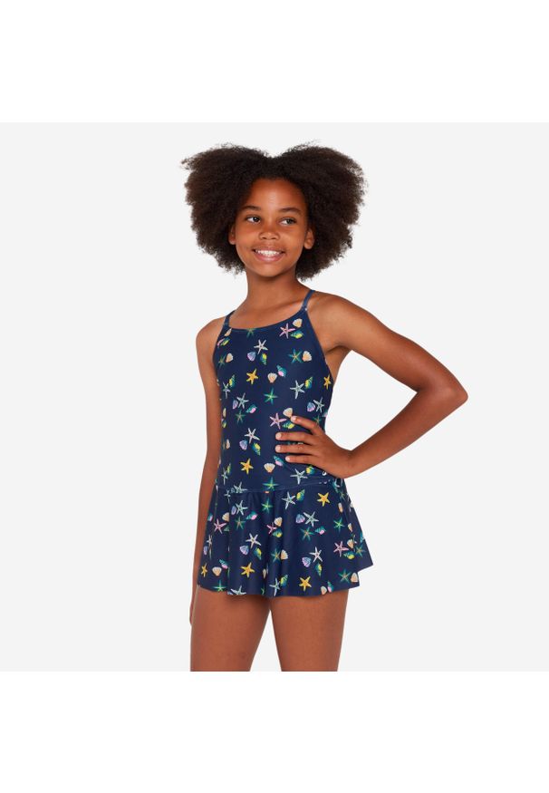 Decathlon - Strój jednoczęściowy pływacki dla dzieci Nabaiji 100 Lila ze spódniczką. Kolor: niebieski, wielokolorowy, zielony. Materiał: poliester, materiał, elastan