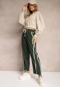 Renee - Ciemnozielone Spodnie z Wiskozą High Waist o Szerokim Kroju Ozdobione Lamówką Lulora. Stan: podwyższony. Kolor: zielony. Materiał: wiskoza. Długość: długie. Wzór: aplikacja