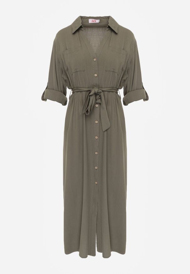 Born2be - Zielona Bawełniana Sukienka Koszulowa z Paskiem i Regulowanymi Rękawami Sadevia. Okazja: do pracy, na co dzień, na spotkanie biznesowe, na spacer. Kolor: zielony. Materiał: bawełna. Typ sukienki: koszulowe. Styl: elegancki, biznesowy, klasyczny, casual. Długość: midi