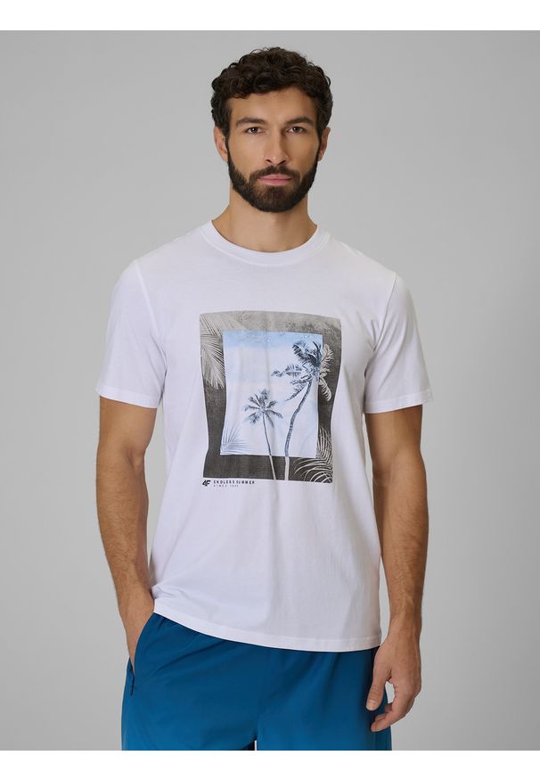 4f - 4F T-shirt regular z nadrukiem męski - biały XL. Okazja: na co dzień. Kolor: biały. Materiał: dzianina, materiał, bawełna. Wzór: nadruk. Styl: casual