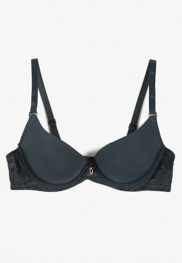 Born2be - Ciemnozielony Gładki Biustonosz o Kroju Push-Up Sanarae. Kolor: zielony. Materiał: dzianina, bawełna. Rodzaj stanika: push-up. Wzór: gładki