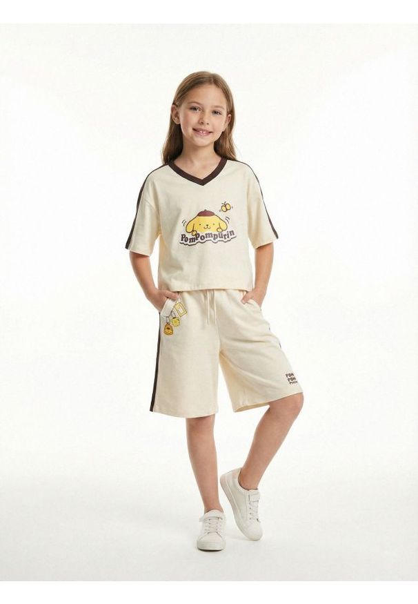 Sinsay - Bawełniane szorty z nadrukiem PomPomPurin - beżowy. Kolor: beżowy. Materiał: bawełna. Wzór: nadruk