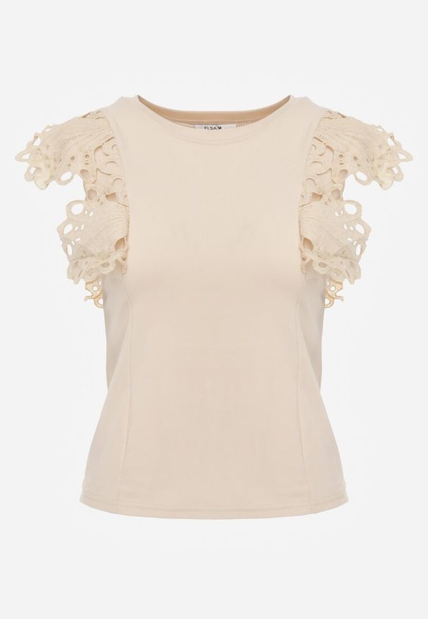 Renee - Jasnobeżowy Top z Bawełny z Ozdobną Koronką Adexis. Kolor: beżowy. Materiał: bawełna, koronka. Wzór: koronka. Sezon: wiosna, lato