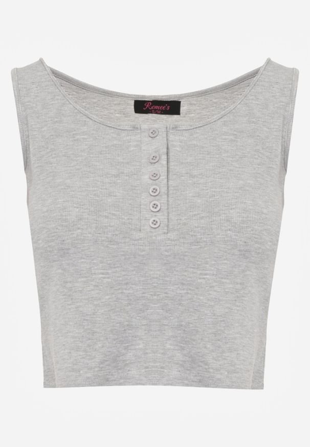 Born2be - Szary Prążkowany Top na Szerokich Ramiączkach z Bawełny Zdobiony Guzikami Bernella. Okazja: na spacer. Kolor: szary. Materiał: bawełna, prążkowany. Długość rękawa: na ramiączkach. Wzór: aplikacja. Sezon: lato, zima. Styl: elegancki