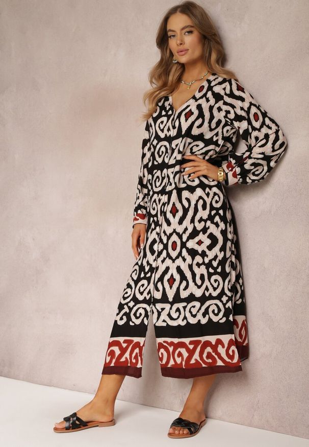 Renee - Czarna Sukienka Maxi z Rozporkami i Wsuwanymi Kieszeniami Ranno. Kolor: czarny. Długość rękawa: długi rękaw. Styl: boho. Długość: maxi