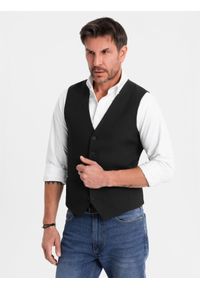 Ombre Clothing - Elegancka męska kamizelka w jodełkę SLIM FIT - czarna V3 - Rozmiar: XL. Okazja: na spotkanie biznesowe, do pracy, na co dzień. Typ kołnierza: golf. Kolor: czarny. Materiał: tkanina, wiskoza, poliester, materiał, elastan. Wzór: jodełka. Styl: elegancki