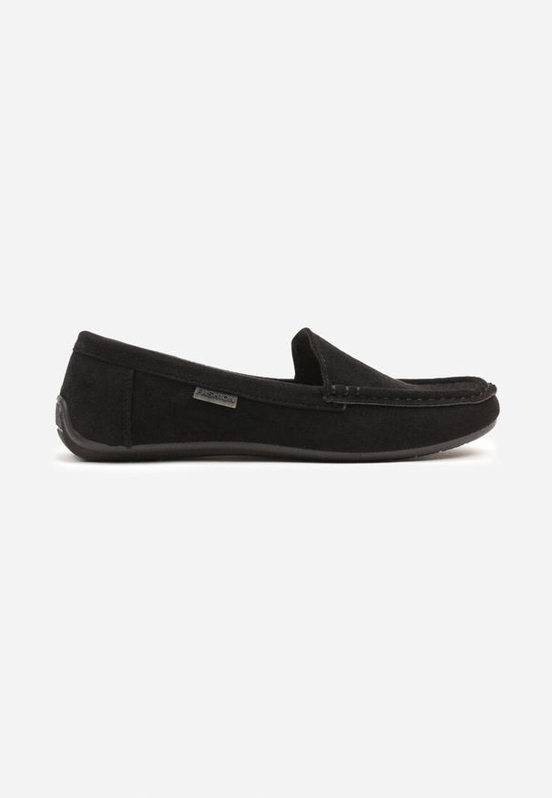 Renee - Czarne Mokasyny z Ekozamszu Zdobione Przeszyciami Zeanise. Kolor: czarny. Materiał: jeans. Wzór: aplikacja. Obcas: na obcasie. Styl: elegancki, klasyczny. Wysokość obcasa: niski